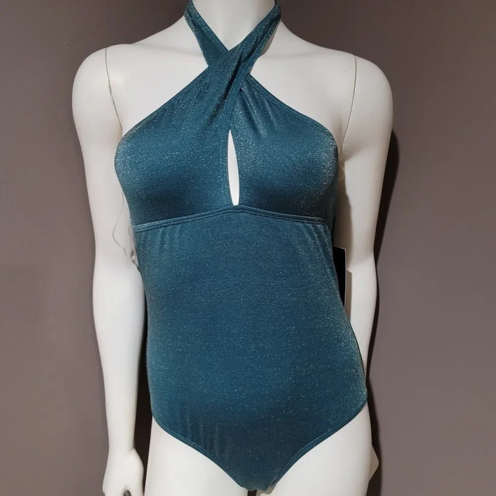 Jones New York One Piece Halter Swimsuit Teal W/ Shimmer
